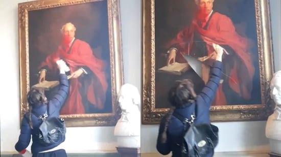 March 8: Anti-Israel protestor vandalises Lord Balfour's Cambridge painting to symbolise the bloodshed of the Palestinian people. (X / @Pal_action)