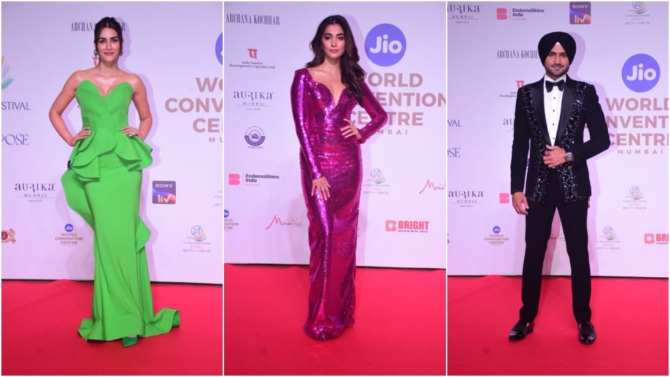 Kriti Sanon, Pooja Hegde and Harbhajan Singh arrive at the Miss World 2024 event. (HT Photo/Varinder Chawla) Kriti Sanon, Pooja Hegde and Harbhajan Singh arrive at the Miss World 2024 event. (HT Photo/Varinder Chawla)