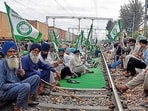 Farmers protesting on railway tracks in Ludhiana on Sunday. (Manish/HT Photo) Farmers protesting on railway tracks in Ludhiana on Sunday. (Manish/HT Photo)