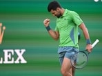 Novak Djokovic reacts in his first-round match against Aleksandar Vukic during the BNP Paribas Open at Indian Wells Tennis Garden