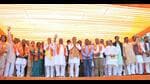 Rajasthan chief minister Bhajanlal Sharma, state BJP president C P Joshi and Union minister Bhupendra Yadav welcomed the Congress leaders to the BJP at the party’s state office in Jaipur. (Image posted on X by Bhajanlal Sharma)