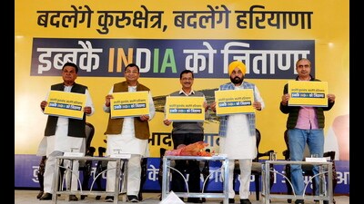 AAP's national convener Arvind Kejriwal with Punjab CM Bhagwant Mann, party leader Sushil Gupta and others during the launch of the party's campaign for Lok Sabha polls, in Kurukshetra on Sunday. (PTI) AAP's national convener Arvind Kejriwal with Punjab CM Bhagwant Mann, party leader Sushil Gupta and others during the launch of the party's campaign for Lok Sabha polls, in Kurukshetra on Sunday. (PTI)