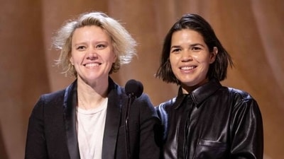 Kate McKinnon and America Ferrera, co-stars from Barbie, rehearse to present an award at the 96th Academy Awards on Sunday evening (Monday morning in India). Kate McKinnon and America Ferrera, co-stars from Barbie, rehearse to present an award at the 96th Academy Awards on Sunday evening (Monday morning in India).