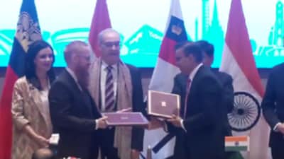 India-EFTA Trade & Economic Partnership Agreement (TEPA) signed and exchanged in Delhi in presence of Union minister Piyush Goyal on Sunday (Twitter/ANI video screengrab) India-EFTA Trade & Economic Partnership Agreement (TEPA) signed and exchanged in Delhi in presence of Union minister Piyush Goyal on Sunday (Twitter/ANI video screengrab)