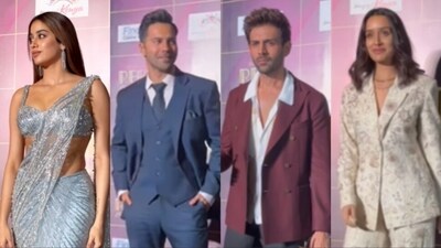 (L-R) Janhvi Kapoor, Varun Dhawan, Kartik Aaryan, and Shraddha Kapoor at an event.