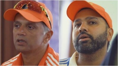 Rahul Dravid (L) and Rohit Sharma address Team India after the series win against England (X/BCCI) Rahul Dravid (L) and Rohit Sharma address Team India after the series win against England (X/BCCI)