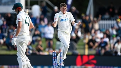 New Zealand's Ben Sears celebrates after taking the wicket of Australia's Cam Green. (AP) New Zealand's Ben Sears celebrates after taking the wicket of Australia's Cam Green. (AP)