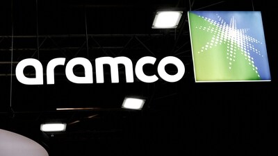 The Saudi Aramco logo is pictured at Hyvolution exhibition in Paris, France, February 1, 2024. (REUTERS)