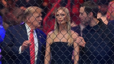 Former President Donald Trump, left, talks to his daughter Ivanka Trump and son-in-law Jared Kushner as they wait for the start of a UFC 299 mixed martial arts bout, early Sunday, March 10, 2024, in Miami. (AP Photo/Wilfredo Lee) (AP) Former President Donald Trump, left, talks to his daughter Ivanka Trump and son-in-law Jared Kushner as they wait for the start of a UFC 299 mixed martial arts bout, early Sunday, March 10, 2024, in Miami. (AP Photo/Wilfredo Lee) (AP)