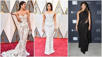 Priyanka Chopra attended her first Oscars in 2016. The actress wore a floor-length white lace couture gown from the spring 2016 collection by Zuhair Murad. The actress attended the 2017 ceremony in a beautiful silver and white Ralph & Russo gown. The sleek outfit featured a textured corset and was hand embellished with metallic crystals. She accessorised her look with Jimmy Choo shoes and Lorraine Schwartz jewellery. For the after-party, she wore a black saree. (Instagram) Priyanka Chopra attended her first Oscars in 2016. The actress wore a floor-length white lace couture gown from the spring 2016 collection by Zuhair Murad. The actress attended the 2017 ceremony in a beautiful silver and white Ralph & Russo gown. The sleek outfit featured a textured corset and was hand embellished with metallic crystals. She accessorised her look with Jimmy Choo shoes and Lorraine Schwartz jewellery. For the after-party, she wore a black saree. (Instagram)
