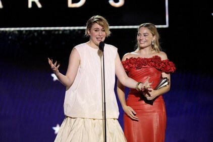 Greta Gerwig and Margot Robbie receive the Best Comedy Award for 'Barbie,' during the 29th Annual Critics Choice Awards. (REUTERS)