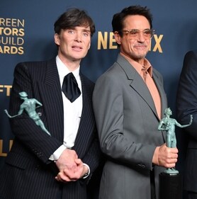 Irish actor Cillian Murphy (L) and US actor Robert Downey Jr. (R) pose in the press room with the awards for Outstanding Performance by a Male Actor in a Leading Role (Murphy) and Supporting Role (Downey) and Outstanding Performance by a Cast in a Motion Picture for Oppenheimer during the 30th Annual Screen Actors Guild awards. (AFP) Irish actor Cillian Murphy (L) and US actor Robert Downey Jr. (R) pose in the press room with the awards for Outstanding Performance by a Male Actor in a Leading Role (Murphy) and Supporting Role (Downey) and Outstanding Performance by a Cast in a Motion Picture for Oppenheimer during the 30th Annual Screen Actors Guild awards. (AFP)