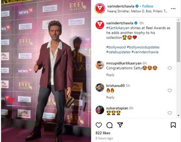 Kartik Aaryan was seen in a white shirt under a maroon jacket, black trousers and shoes.
