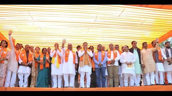 Rajasthan chief minister Bhajanlal Sharma, state BJP president C P Joshi and Union minister Bhupendra Yadav welcomed the Congress leaders to the BJP at the party’s state office in Jaipur. (Image posted on X by Bhajanlal Sharma)