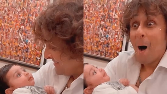 Sonu Nigam singing Sa Re Ga Ma Pa to his 'youngest family member'. (Instagram/@sonunigamofficial)