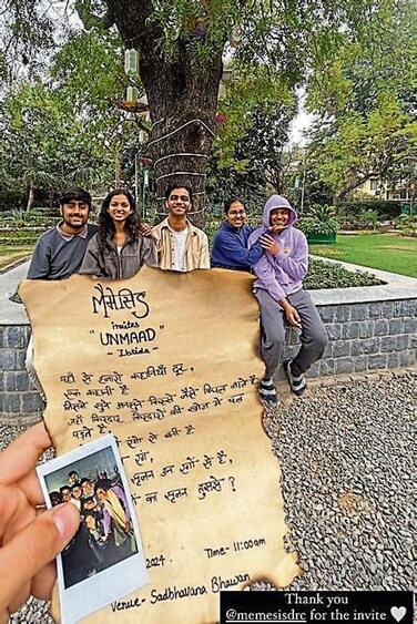 The handmade invite given to Hindu College's dram soc, Ibtida, by the dramsoc of Daulat Ram College, Memesis. The handmade invite given to Hindu College's dram soc, Ibtida, by the dramsoc of Daulat Ram College, Memesis.