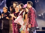 Mukesh Ambani, the Chairman of Reliance Industries, Isha Piramal, Anand Piramal, Nita Ambani, Anant Ambani, Rihanna, Radhika Merchant, Shloka Mehta Ambani and Akash Ambani during pre-wedding celebrations of Anant and Radhika in Jamnagar, Gujarat.