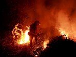 Firefighters tackle a blaze near the village of Piedrafita in northern Spain's Asturias region.(Reuters)