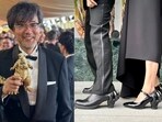 Left: Godzilla Minus One director Takashi Yamazaki at the Oscars 2024; right: Movie crew sports custom Godzilla-inspired shoes fashioned by Japanese brand Hazama. Left: Godzilla Minus One director Takashi Yamazaki at the Oscars 2024; right: Movie crew sports custom Godzilla-inspired shoes fashioned by Japanese brand Hazama.