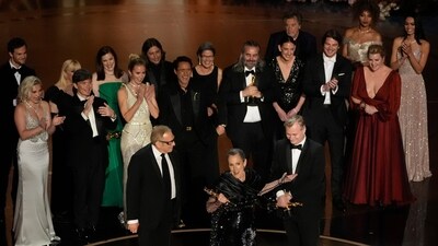 The cast and crew of "Oppenheimer" accept the award for best picture during the Oscars on Sunday, March 10, 2024, at the Dolby Theatre in Los Angeles. (AP Photo/Chris Pizzello) (Chris Pizzello/Invision/AP) The cast and crew of "Oppenheimer" accept the award for best picture during the Oscars on Sunday, March 10, 2024, at the Dolby Theatre in Los Angeles. (AP Photo/Chris Pizzello) (Chris Pizzello/Invision/AP)