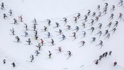 FILE Photo: The pack of skiers on its way from Silvaplana to S-Chanf as they participate in the 54th annual Engadin skiing marathon, in Silvaplana, Switzerland, Sunday March 10, 2024. (AP) FILE Photo: The pack of skiers on its way from Silvaplana to S-Chanf as they participate in the 54th annual Engadin skiing marathon, in Silvaplana, Switzerland, Sunday March 10, 2024. (AP)