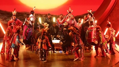 Osage singers and dancers made a magnificent entrance down the steps of the Dolby Theatre, adorned in vibrant, traditional attire.&nbsp; (REUTERS)