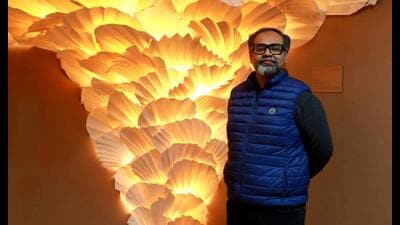 Ankon Mitra with his work ‘Mycelium Mycelium’ at India Design ID. (Courtesy the artist) Ankon Mitra with his work ‘Mycelium Mycelium’ at India Design ID. (Courtesy the artist)