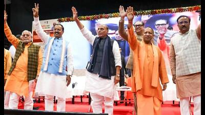 Defence minister Rajnath Singh, UP chief minister Yogi Adityanath, deputy CM Keshav Prasad Maurya, and others during the inauguration and foundation stone laying of several development projects, in Lucknow on Monday. (ANI Photo) Defence minister Rajnath Singh, UP chief minister Yogi Adityanath, deputy CM Keshav Prasad Maurya, and others during the inauguration and foundation stone laying of several development projects, in Lucknow on Monday. (ANI Photo)