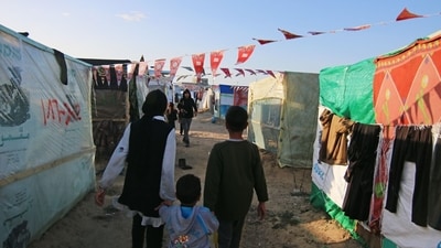 Decorations for Ramadan at a temporary camp for displaced Palestinians west of Deir al-Balah, Gaza, (Bloomberg) Decorations for Ramadan at a temporary camp for displaced Palestinians west of Deir al-Balah, Gaza, (Bloomberg)