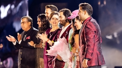 Mukesh Ambani, the Chairman of Reliance Industries, Isha Piramal, Anand Piramal, Nita Ambani, Anant Ambani, Rihanna, Radhika Merchant, Shloka Mehta Ambani and Akash Ambani during pre-wedding celebrations of Anant and Radhika in Jamnagar, Gujarat. (Reuters)
