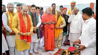 Lok Sabha Speaker Om Birla lays the foundation stone of the Samaj Bhavan being built by Maheshwari Samaj, in Ayodhya on Monday. Rajasthan chief minister Bhajan Lal Sharma is also present. (ANI Photo)