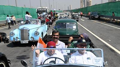 Mumbai, India. Mar 11,2024: vintage car rally on Coastal Road. Worli to Marine Drive 9.5 kilometres of the 10.58-kilometre Dharmveer Swarajya Rakshak Chhatrapati Sambhaji Maharaj Road (Coastal Road) inaugurated by Maharashtra Chief minister Eknath Shinde along with deputy chief ministers Devendra Fadnavis and Ajit Pawar in Mumbai. coastal road will be opened to traffic for the public on Tuesday morning. Mar 11,2024.(Photo by Raju Shinde/HT Photo) Mumbai, India. Mar 11,2024: vintage car rally on Coastal Road. Worli to Marine Drive 9.5 kilometres of the 10.58-kilometre Dharmveer Swarajya Rakshak Chhatrapati Sambhaji Maharaj Road (Coastal Road) inaugurated by Maharashtra Chief minister Eknath Shinde along with deputy chief ministers Devendra Fadnavis and Ajit Pawar in Mumbai. coastal road will be opened to traffic for the public on Tuesday morning. Mar 11,2024.(Photo by Raju Shinde/HT Photo)