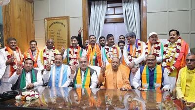 NDA candidates with Uttar Pradesh chief minister Yogi Adityanath and other BJP leaders, in Lucknow on Monday. (ANI PHOTO)