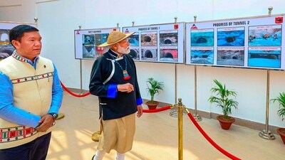 Prime Minister Narendra Modi with Arunachal Pradesh chief minister Pema Khandu at an exhibition during the 'Viksit Bharat Viksit Northeast' programme in Itanagar. (PTI) Prime Minister Narendra Modi with Arunachal Pradesh chief minister Pema Khandu at an exhibition during the 'Viksit Bharat Viksit Northeast' programme in Itanagar. (PTI)