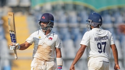 Ajinkya Rahane celebrates his half-century during the second day of the Ranji Trophy final cricket match between Mumbai and Vidarbha (PTI) Ajinkya Rahane celebrates his half-century during the second day of the Ranji Trophy final cricket match between Mumbai and Vidarbha (PTI)