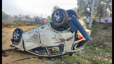 RThe wreckage of a car after an accident at Masani village in Rewari. Six people died and as many were injured when their vehicle was hit by an SUV in the accident that took place Sunday night. (PTI)