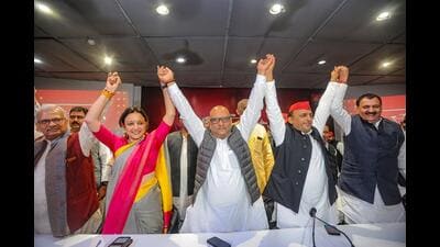 Samajwadi Party president Akhilesh Yadav, UP Congress president Ajay Rai and other leaders during a meeting of Indian National Developmental Inclusive Alliance (INDIA) ahead of the Lok Sabha elections, at SP office in Lucknow on Monday (PTI)