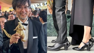 Left: Godzilla Minus One director Takashi Yamazaki at the Oscars 2024; right: Movie crew sports custom Godzilla-inspired shoes fashioned by Japanese brand Hazama. (X / @Godzilla_Toho) Left: Godzilla Minus One director Takashi Yamazaki at the Oscars 2024; right: Movie crew sports custom Godzilla-inspired shoes fashioned by Japanese brand Hazama. (X / @Godzilla_Toho)