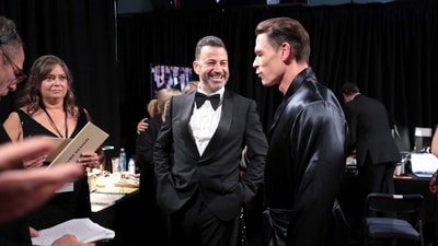 Jimmy Kimmel and John Cena talk backstage at the 96th Academy Awards. Kimmel was clearly setting up a bit, that's when a shirtless John Cena popped his head out from the corner of the stage.&nbsp; (via REUTERS)