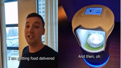 The robot delivering the food to the man received mix reactions from people on social media. (Instagram/@ken_abroad) The robot delivering the food to the man received mix reactions from people on social media. (Instagram/@ken_abroad)