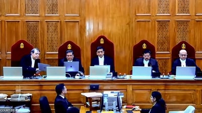 The five-judge constitution bench headed by Chief Justice of India D.Y. Chandrachud during a hearing on the SBI's plea seeking more time to disclose Electoral Bonds, in New Delhi, Monday. (PTI) The five-judge constitution bench headed by Chief Justice of India D.Y. Chandrachud during a hearing on the SBI's plea seeking more time to disclose Electoral Bonds, in New Delhi, Monday. (PTI)