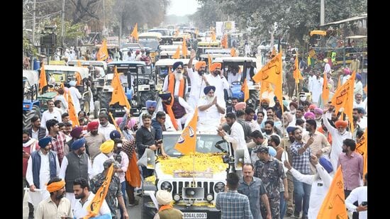 Shiromani Akali Dal president Sukhbir Singh Badal during party’s ‘Punjab Bachao Yatra’, ahead of the Lok Sabha elections, in Muktsar on Monday, (Sanjeev KumarHT)