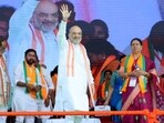Union home minister Amit Shah acknowledges BJP social media volunteers at Secunderabad.