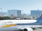 Jet airways Aircraft taxis for take off at Mumbai International Airport in Mumbai.