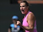 Aryna Sabalenka reacts after winning a point in her third round match against Emma Raducanu (GBR) during the BNP Paribas Open at Indian Wells