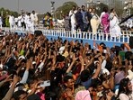 Kolkata, India - March 10, 2024: Chief Minister of West Bengal and All India Trinamool Congress (AITC) Chairperson Mamata Banerjee along with 42 Lok Sabha candidates walk on the ramp at Brigade Parade Ground to greet their supporters during 'Jonogorjon' Rally in Kolkata, India, on Sunday, March 10, 2024. (Photo by Samir Jana/ Hindustan Times) Kolkata, India - March 10, 2024: Chief Minister of West Bengal and All India Trinamool Congress (AITC) Chairperson Mamata Banerjee along with 42 Lok Sabha candidates walk on the ramp at Brigade Parade Ground to greet their supporters during 'Jonogorjon' Rally in Kolkata, India, on Sunday, March 10, 2024. (Photo by Samir Jana/ Hindustan Times)