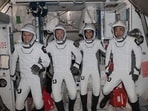 From left, Roscosmos cosmonaut Konstantin Borisov, ESA (European Space Agency) astronaut Andreas Mohgensen, NASA astronaut Jasmin Moghbeli, and JAXA (Japan Aerospace Exploration Agency) astronaut Satoshi Furukawa. The quartet splashed down off the coast of Florida on Tuesday, March 12, 2024, completing a six-and-a-half-month space research mission. (NASA via AP)(AP)