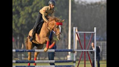 A jockey during the show jumping event at the athletics meet at Guru Angad Dev Veterinary and Animal Sciences University in Ludhiana on Tuesday. (Gurpreet Singh/HT) A jockey during the show jumping event at the athletics meet at Guru Angad Dev Veterinary and Animal Sciences University in Ludhiana on Tuesday. (Gurpreet Singh/HT)