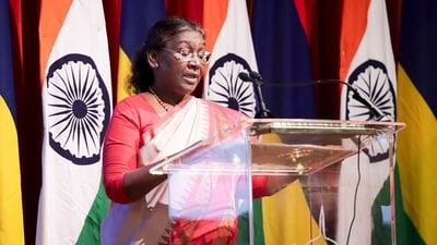 President Droupadi Murmu addresses a gathering at a civic reception hosted in her honour, at the Mahatma Gandhi Institute on Tuesday. (X/@MEAIndia) President Droupadi Murmu addresses a gathering at a civic reception hosted in her honour, at the Mahatma Gandhi Institute on Tuesday. (X/@MEAIndia)