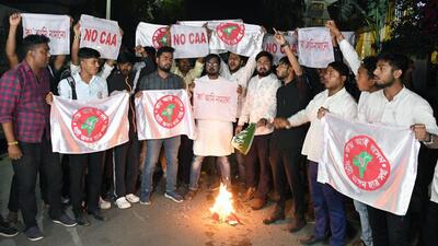 All Assam Students’ Union (AASU) activists protest against the implementation of CAA. (ANI) All Assam Students’ Union (AASU) activists protest against the implementation of CAA. (ANI)